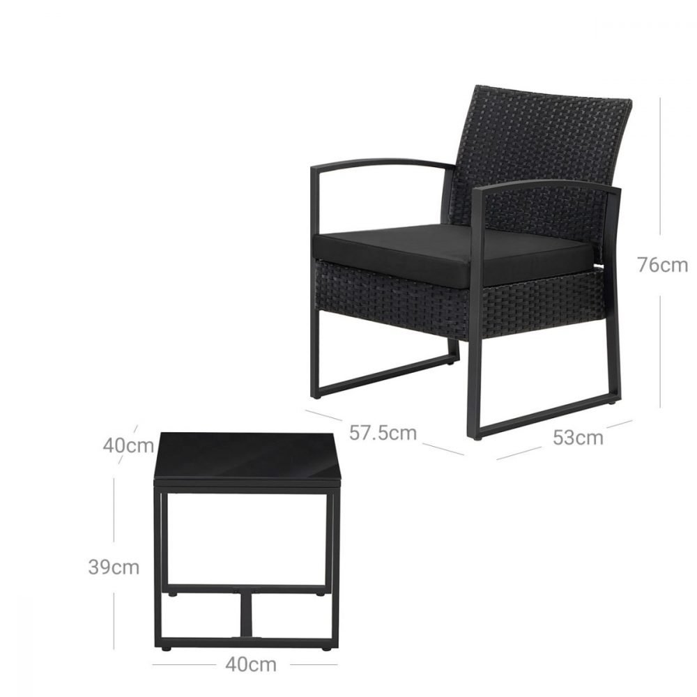 Conjunto muebles ratán jardín 3 piezas, sillas y mesa, negro y gris - Imagen 7