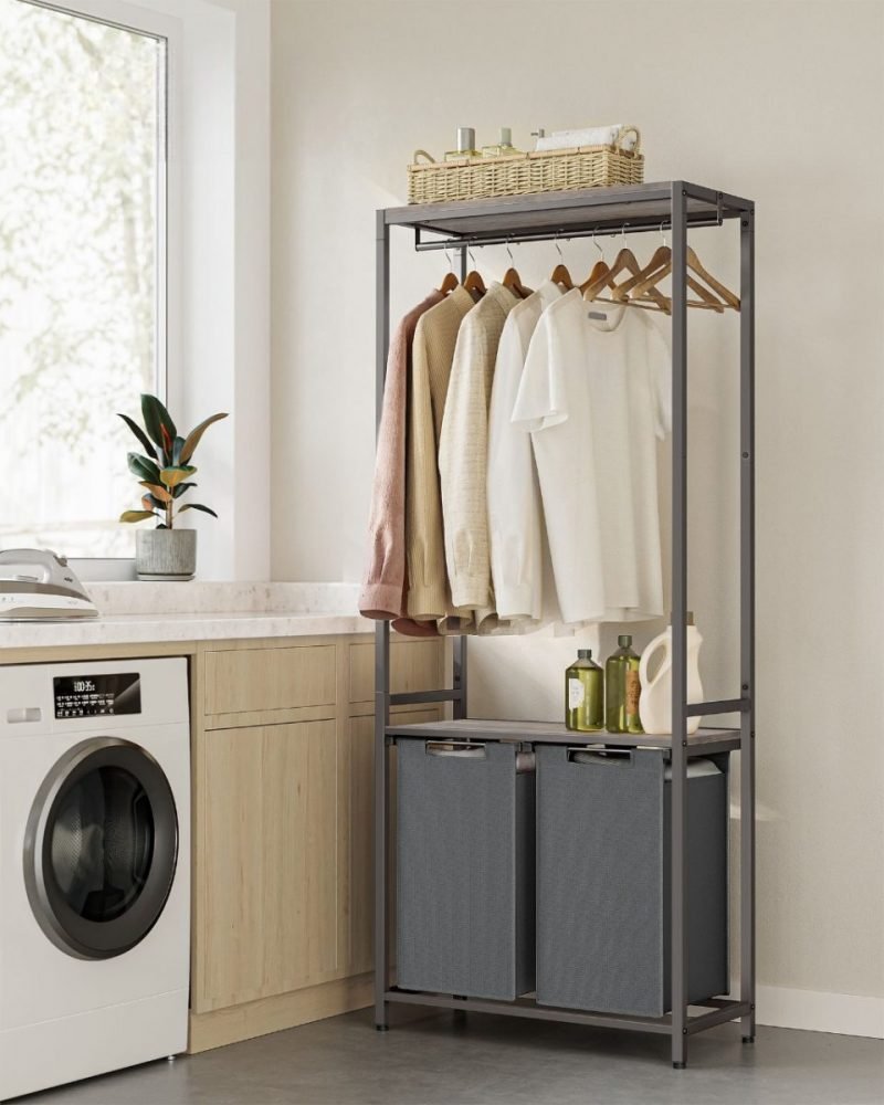 Mueble con cesto doble ropa sucia, barra colgante, estante, greige - Imagen 2