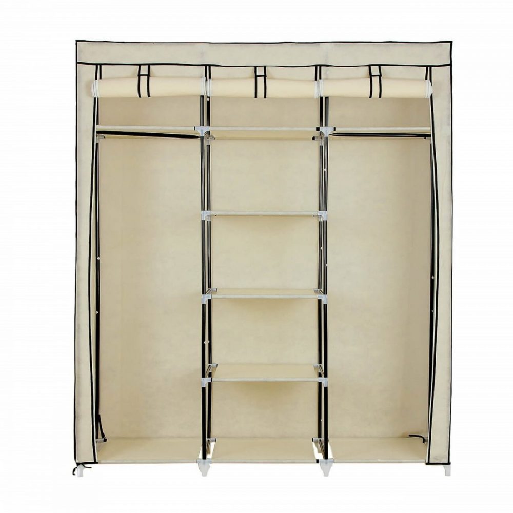 Armario ropa de tela, 3 secciones, 150x45x175 cm, beige