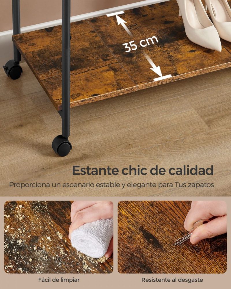 Perchero doble barra ajustable, ruedas, estante robusto, 100 kg, marrón rústico y negro tinta - Imagen 6