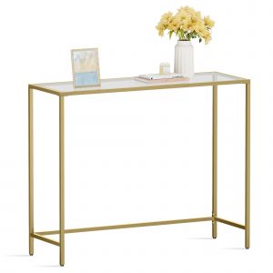 Mesa consola vidrio templado, metal, patas ajustables, dorado pálido y transparente