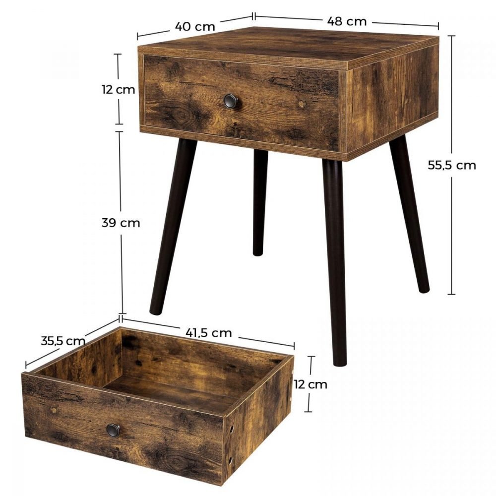 Mesita de noche retro con cajón y patas cónicas, marrón rústico - Imagen 2
