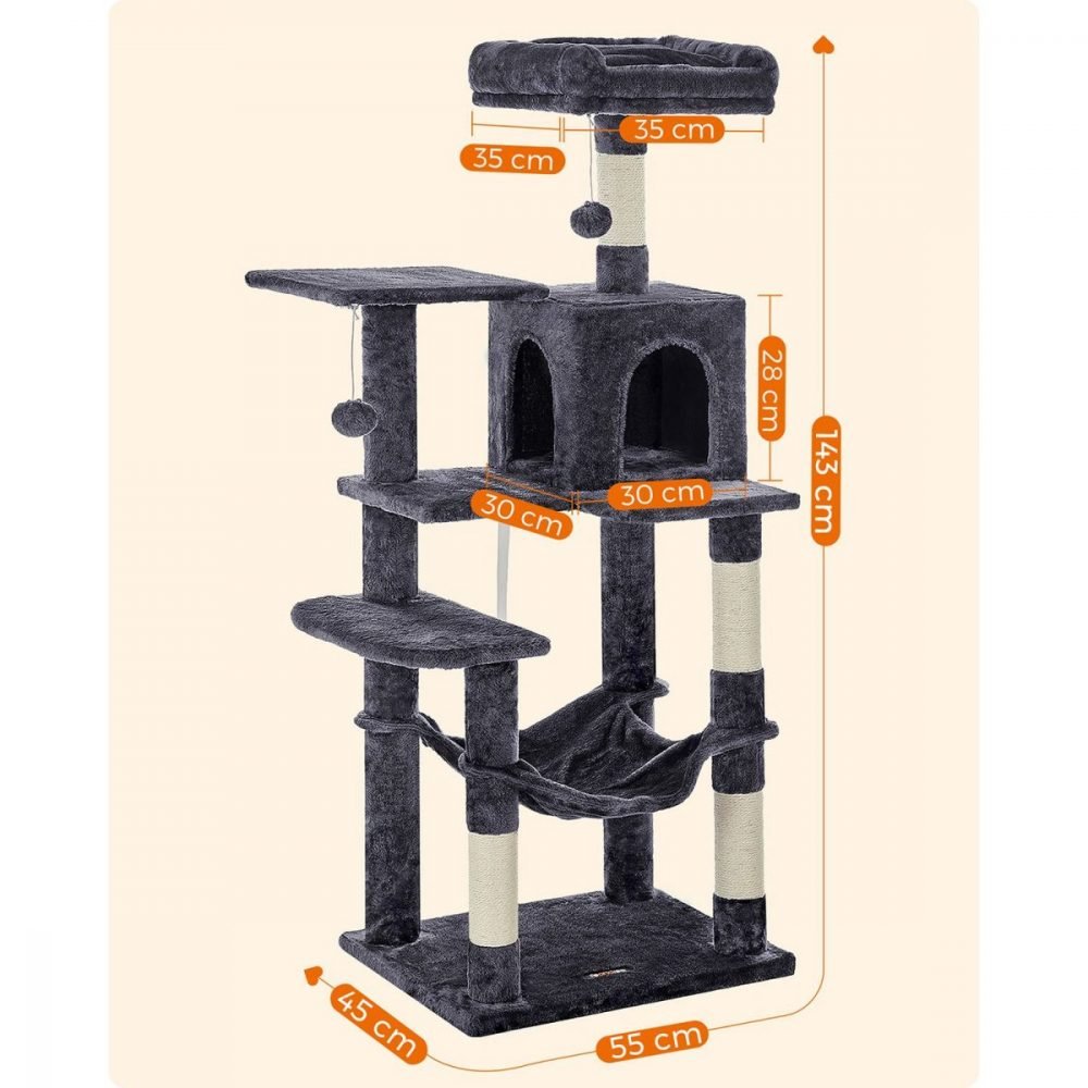 Árbol para gatos de 143 cm, rascadores, plataformas, hamaca, gris antracita - Imagen 8