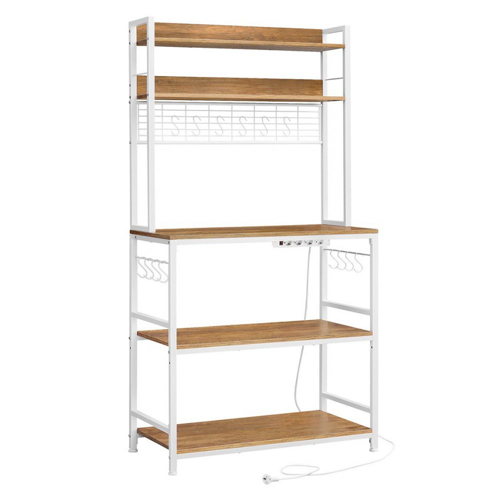 Estantería metálica entrada, toma de corriente, soporte para microondas, nogal y blanco
