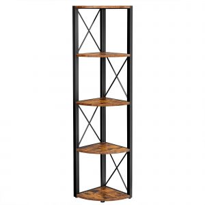 Estantería de esquina de 5 niveles, marrón rústico y negro