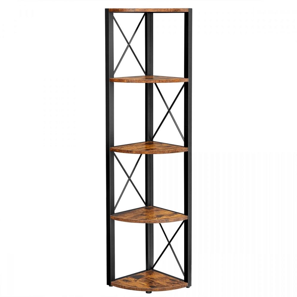 Estantería de esquina de 5 niveles, marrón rústico y negro
