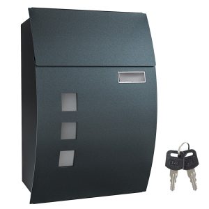 Buzón de pared gris con ventanas, ranura para nombre y llaves