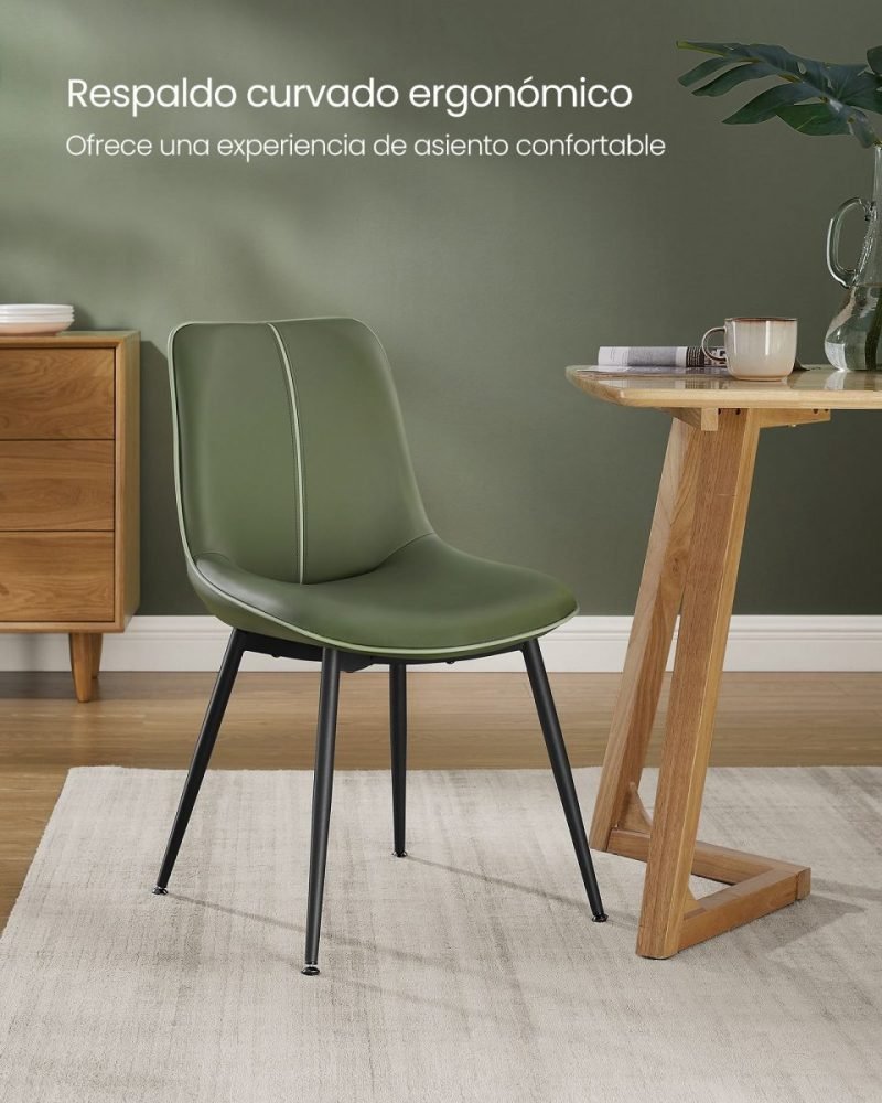 Juego 2 sillas comedor tapizado, respaldo curvo, patas acero, verde bosque - Imagen 3