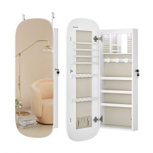 Espejo joyero de pared con luz led y cerradura, blanco