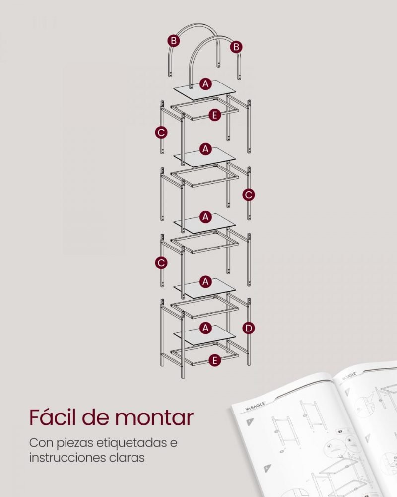 Estantería 5 niveles vidrio templado, diseño arqueado, negro - Imagen 7