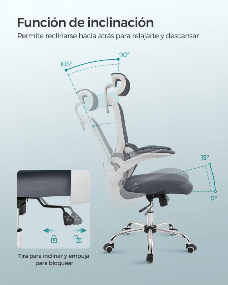 Silla ergonómica de oficina, malla, reposacabezas ajustable, gris paloma - Imagen 4
