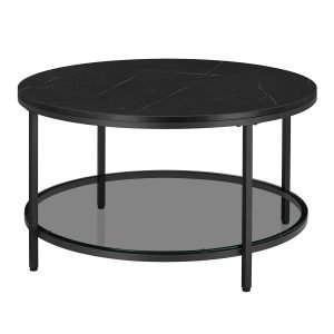 Mesa centro redonda moderna, mármol, estante vidrio, negro