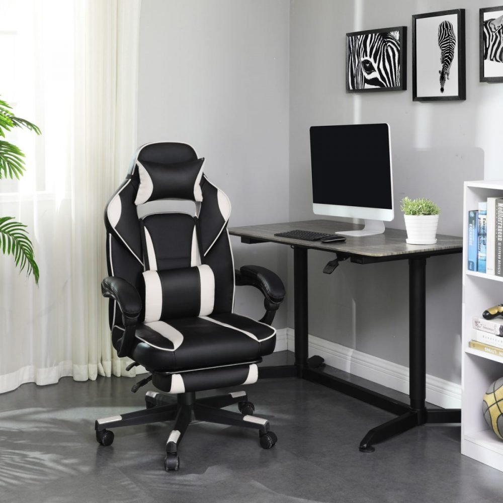Silla oficina gaming ergonómica, reposapiés telescópico, 150 kg, blanco - Imagen 6