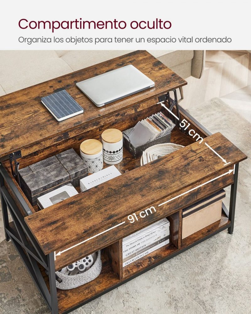Mesa centro con tablero elevable, almacenamiento, marrón rústico - Imagen 5