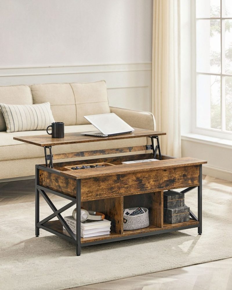 Mesa centro con tablero elevable, almacenamiento, marrón rústico - Imagen 2