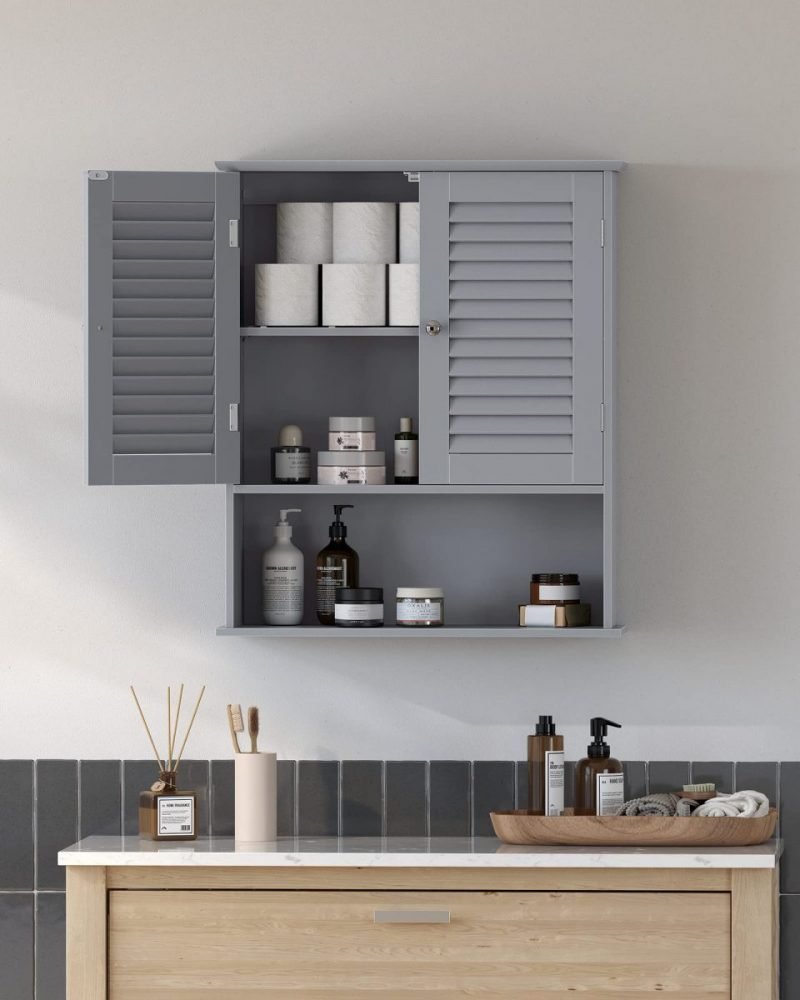 Armario colgante baño, puertas persiana, estante ajustable, gris ahumado - Imagen 4