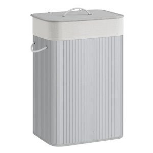 Cesto de ropa sucia de bambú con 3 asas, color gris