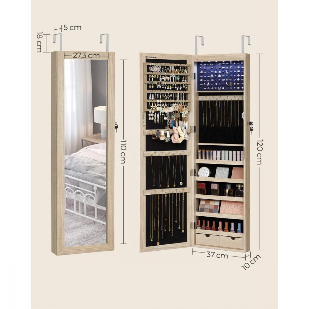Espejo joyero con armario y luz led, montaje puerta o pared, roble - Imagen 6