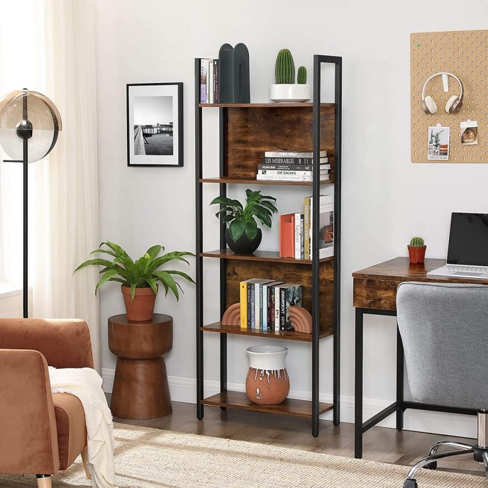 Librería estilo industrial de 5 niveles, marrón rústico y negro - Imagen 5