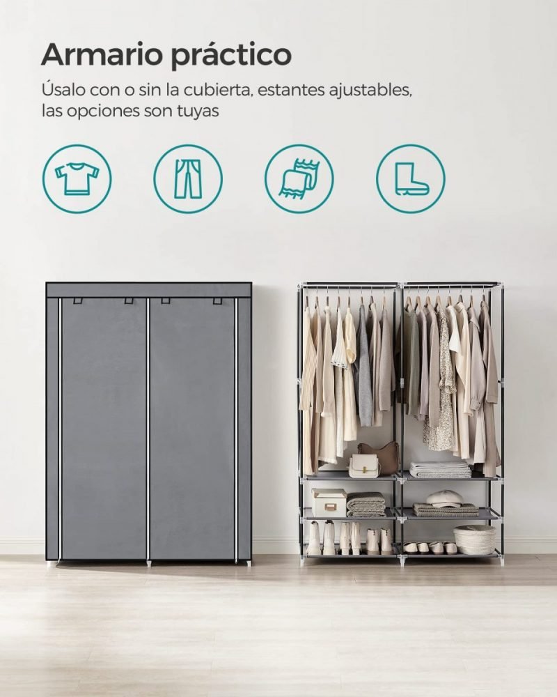 Armario portátil de tela con barras y estantes, gris - Imagen 4