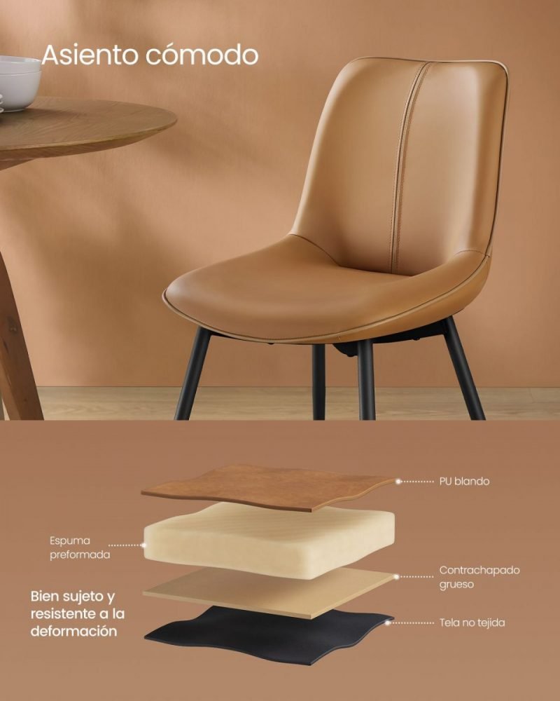 Juego 2 sillas comedor tapizado, respaldo curvo, patas acero, marrón caramelo - Imagen 5