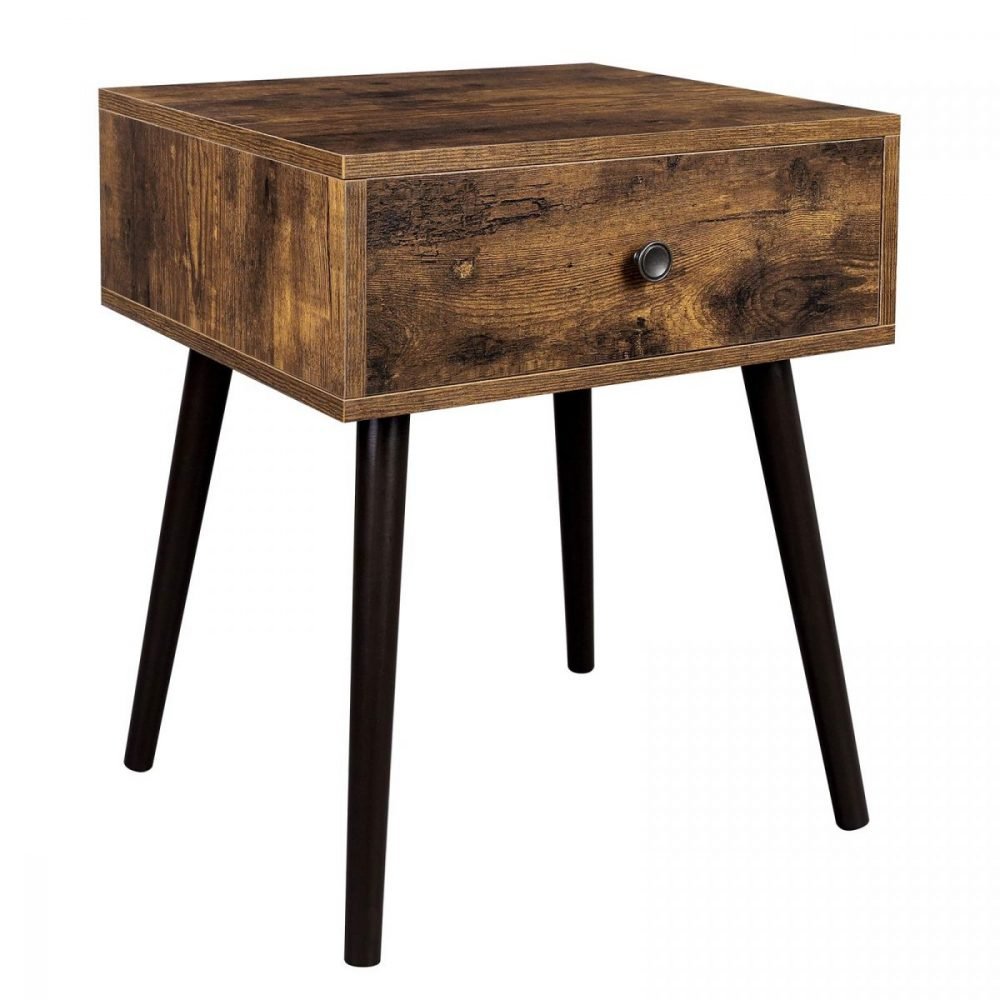 Mesita de noche retro con cajón y patas cónicas, marrón rústico