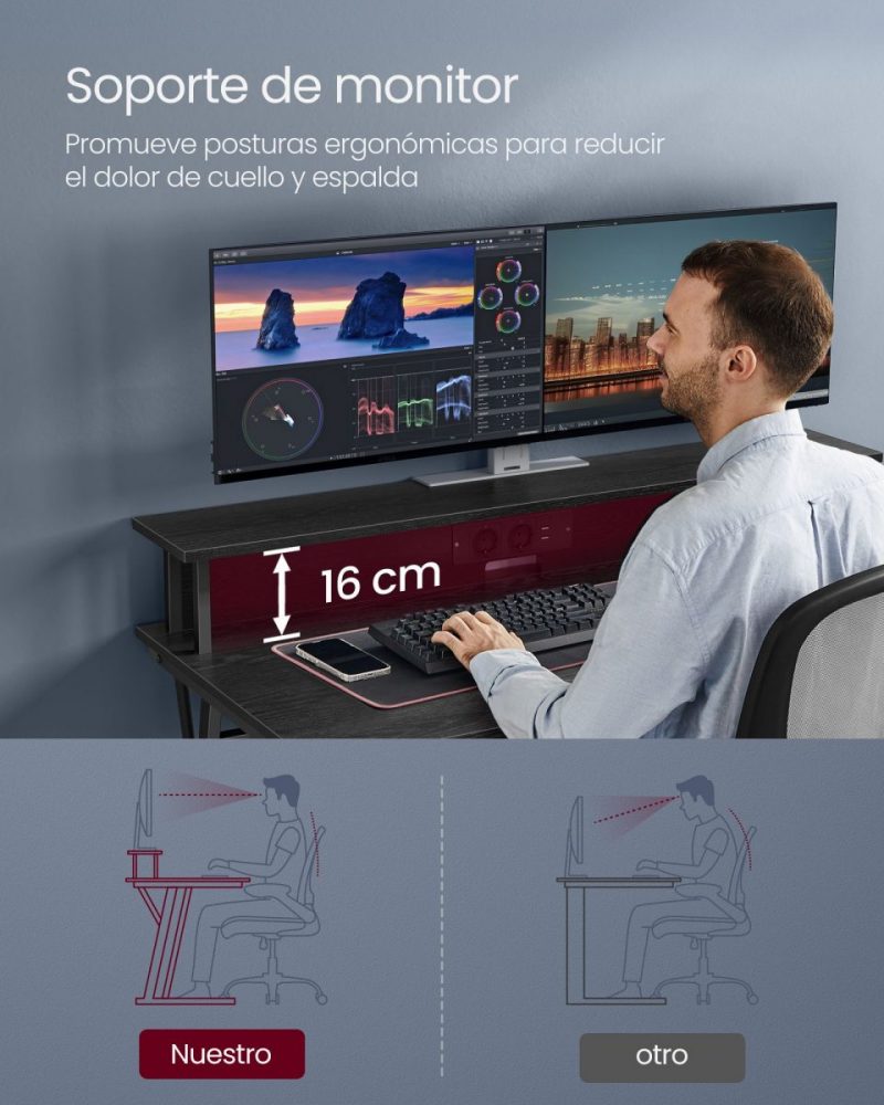 Escritorio gaming 120 cm con luz led y tomas de corriente - Imagen 5