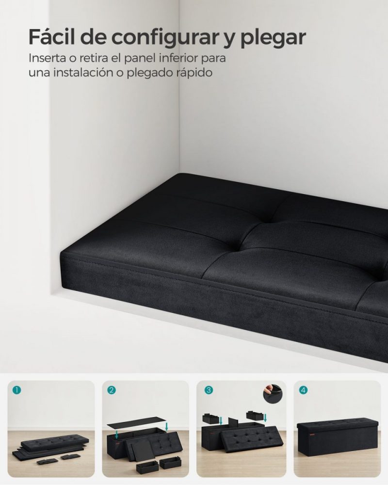 Banco almacenaje terciopelo, taburete reposapiés, negro tinta - Imagen 4