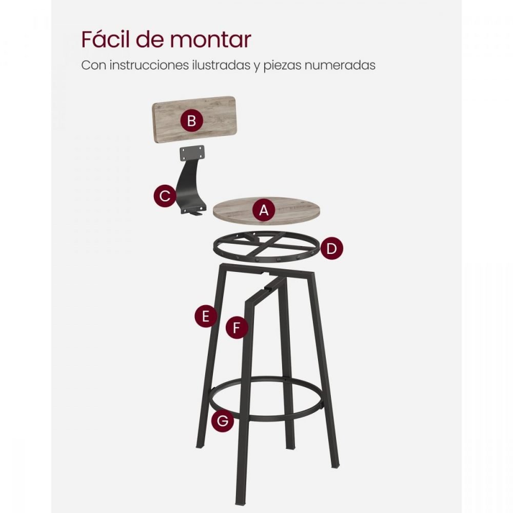 Juego de 2 taburetes altos de cocina, estilo industrial, greige - Imagen 7