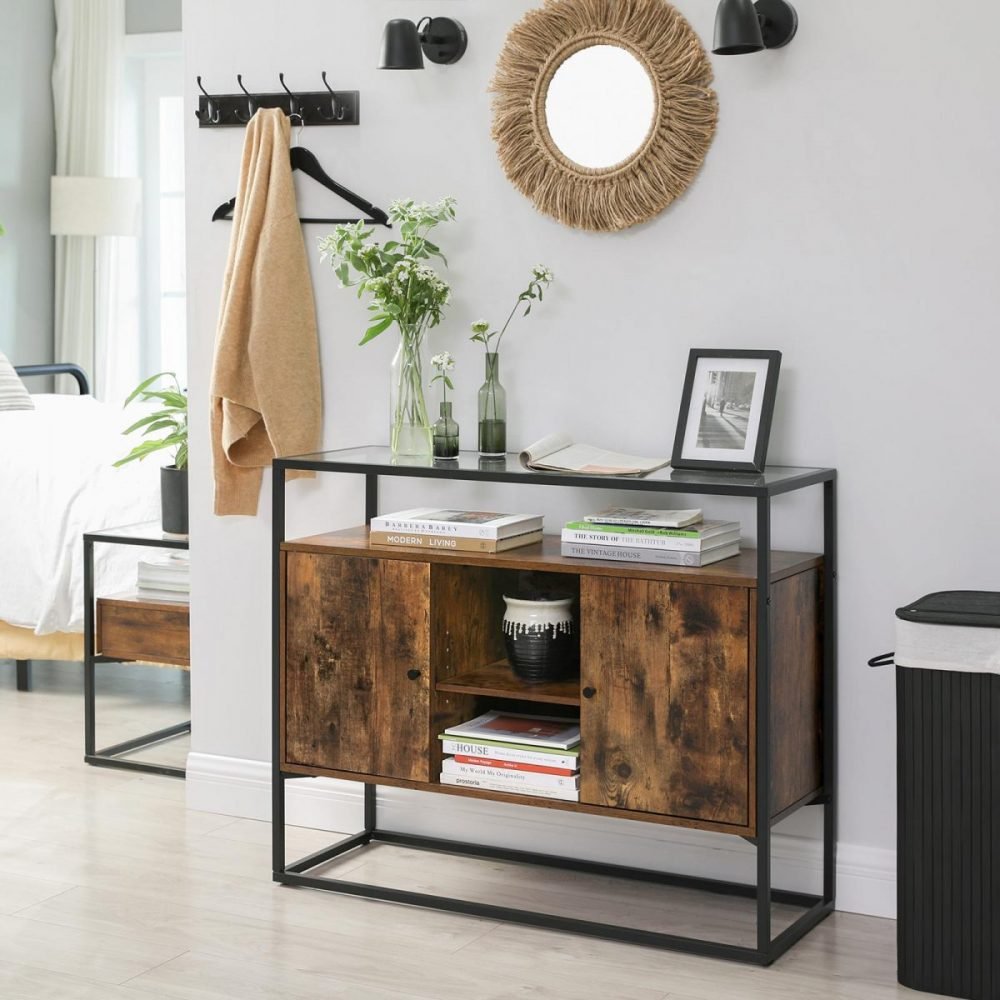 Mesa consola con cristal y compartimentos, marrón rústico - Imagen 5