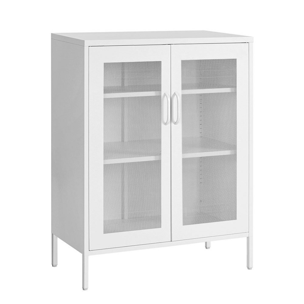 Aparador de metal con puertas de malla, blanco, 3 niveles