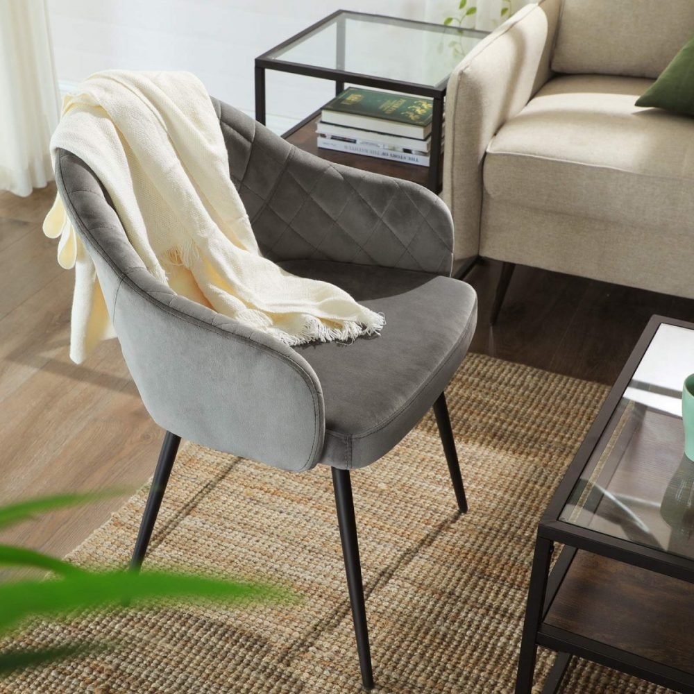 Silla de comedor de terciopelo gris, acolchada, con reposabrazos y patas - Imagen 5