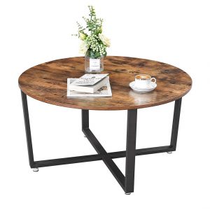 Mesa de centro redonda, estructura metálica, marrón rústico