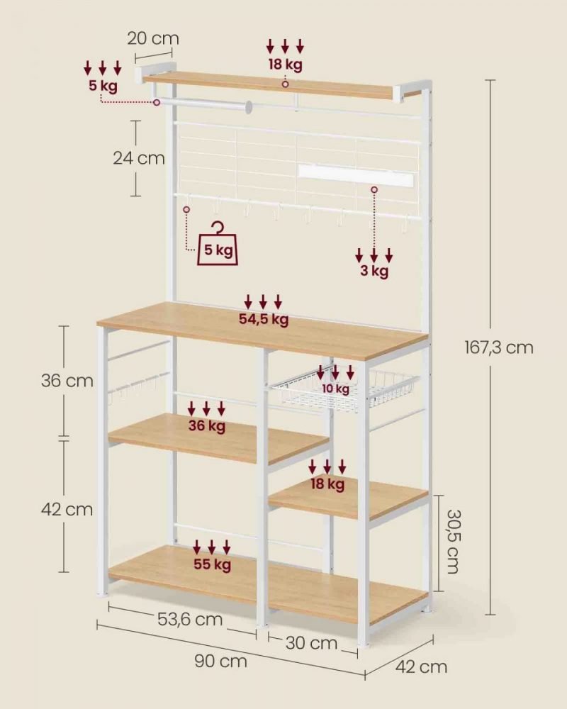 Estantería con isla de cocina, tira magnética y soporte rollos, roble dorado - Imagen 8