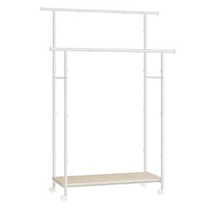 Perchero doble barra ajustable, ruedas, estante robusto, 100 kg, beige natural y blanco nube