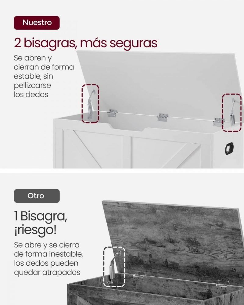 Banco almacenaje vintage, tapa bisagras seguridad, blanco mate - Imagen 6