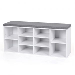 Banco zapatero con asiento acolchado, pasillo o dormitorio, blanco