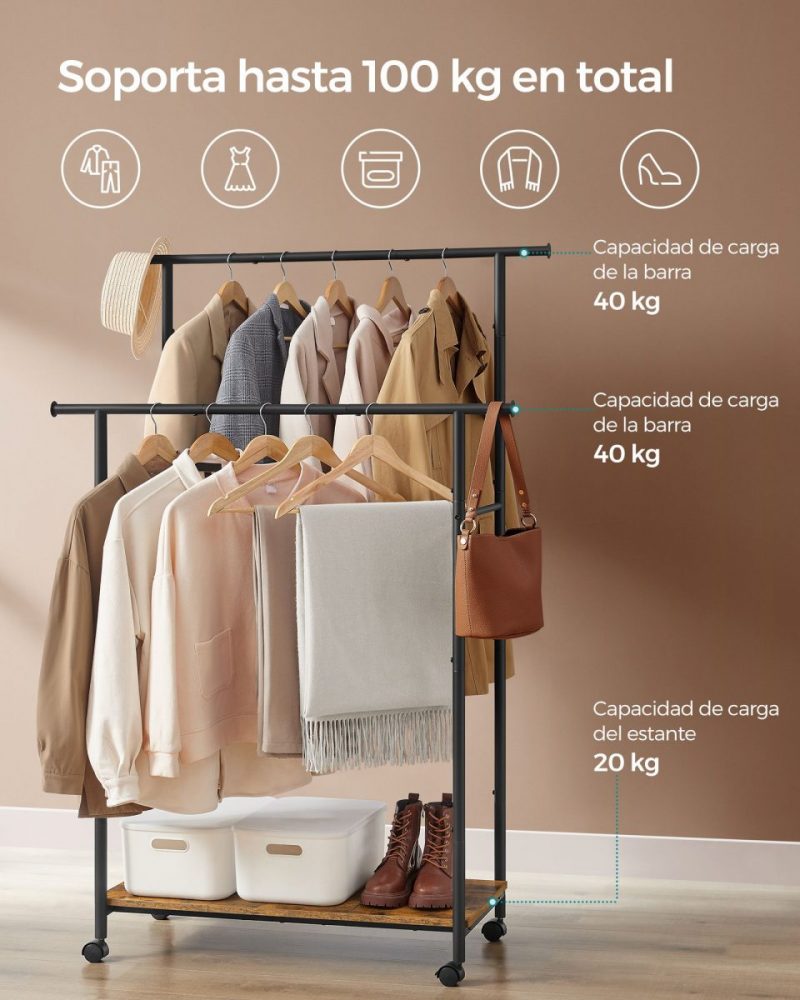 Perchero doble barra ajustable, ruedas, estante robusto, 100 kg, marrón rústico y negro tinta - Imagen 4