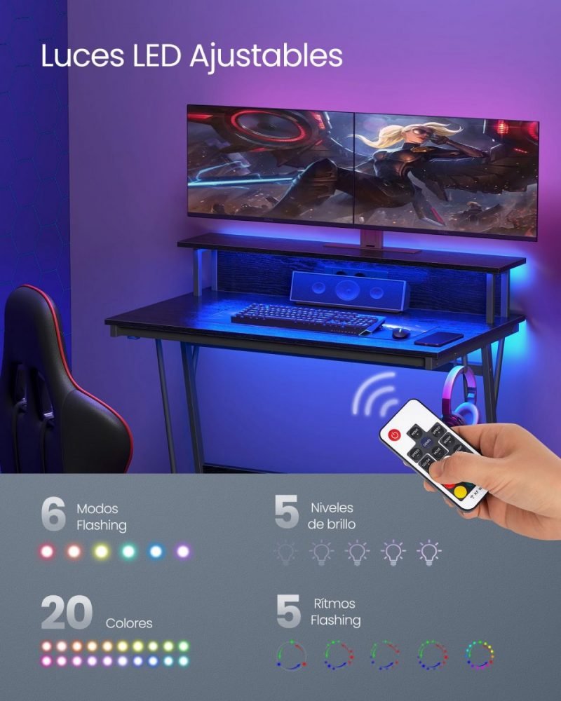 Escritorio gaming luz led, tomas de corriente, estante superior, 100 cm, 100 cm - Imagen 3