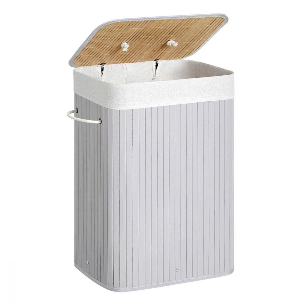 Cesto de ropa sucia de bambú con 3 asas, color gris - Imagen 2