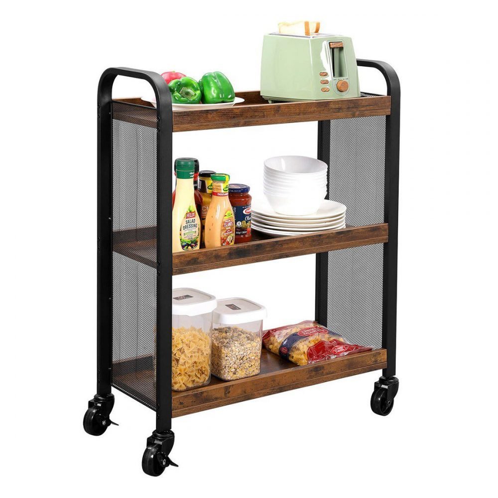 Carrito de cocina estrecho con ruedas, ahorro de espacio, marrón rústico