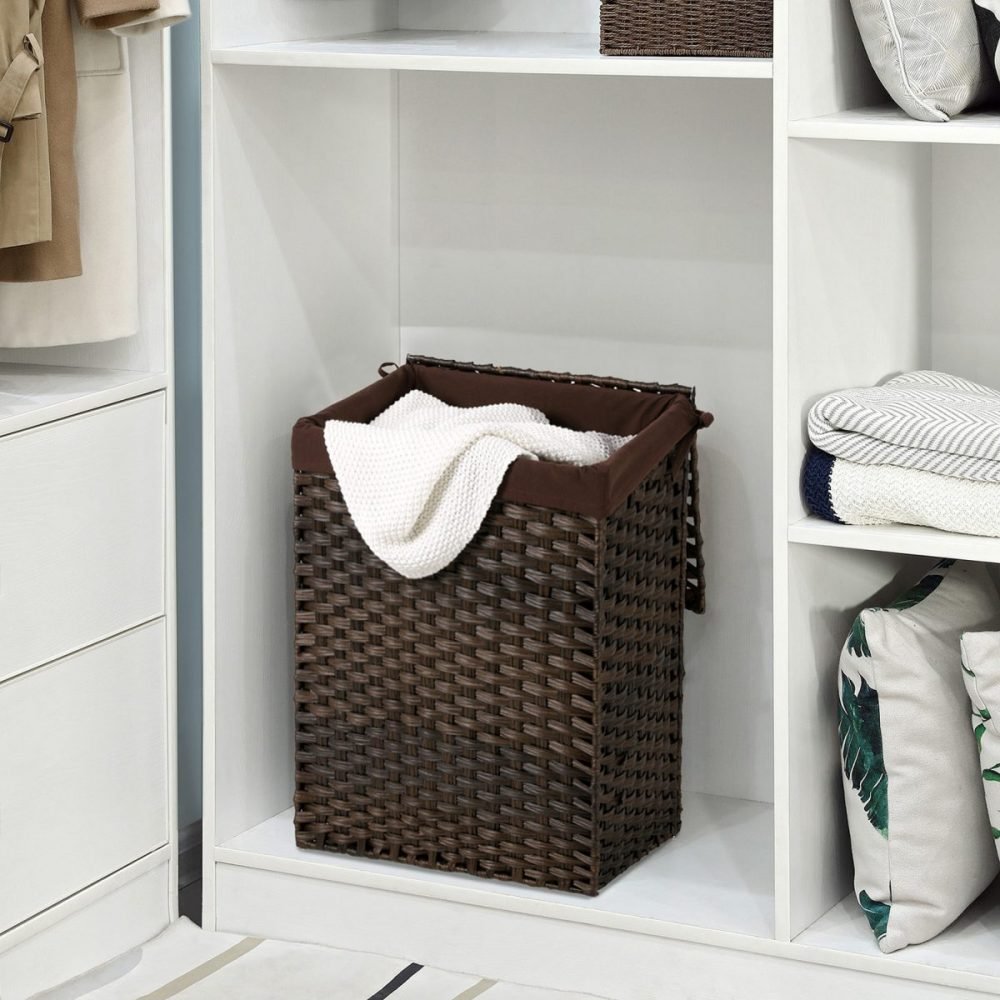 Cesto de ropa sucia tejido a mano 90l, ratán sintético, marrón - Imagen 4