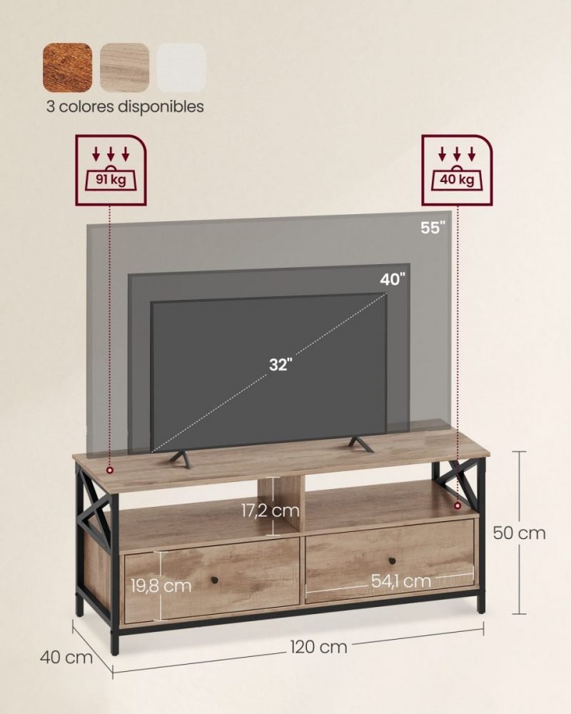 Mueble tv con 2 cajones, estantes abiertos, marrón roble - Imagen 6