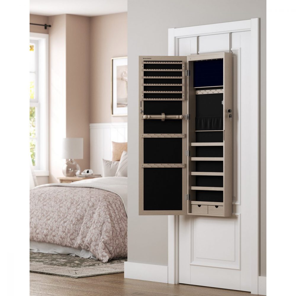 Espejo joyero con armario y luz led, montaje puerta o pared, roble - Imagen 2