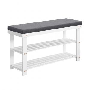 Banco zapatero de bambú blanco, acolchado gris, 2 niveles