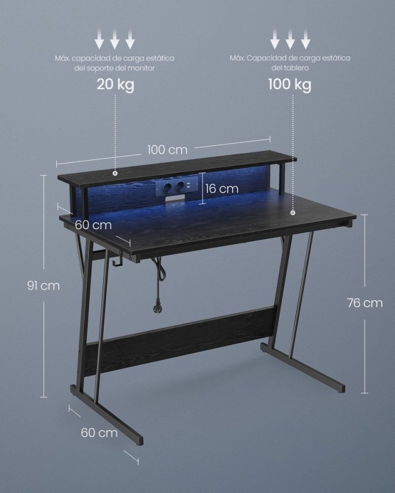 Escritorio gaming luz led, tomas de corriente, estante superior, 100 cm, 100 cm - Imagen 7
