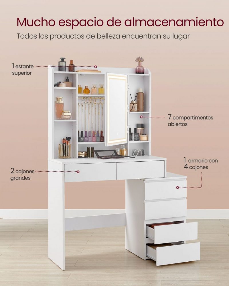 Tocador moderno con luces led ajustables, blanco - Imagen 6