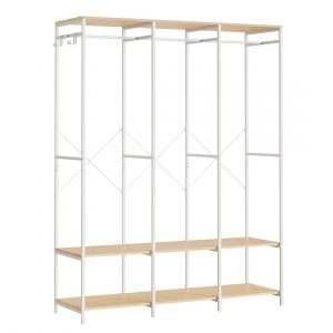 Armario ropa portátil plegable, barras colgar, estantes, beige