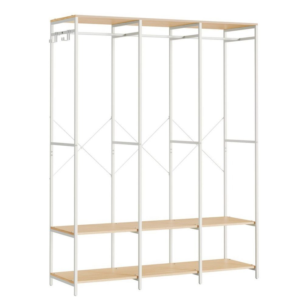 Armario ropa portátil plegable, barras colgar, estantes, beige