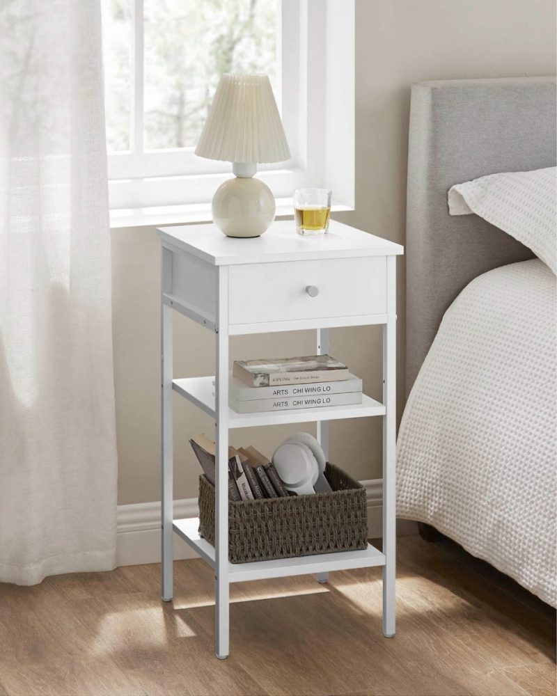 Mesita de noche con cajón y 2 estantes, blanco - Imagen 2